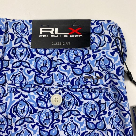 NEW RLX Ralph Lauren Golf Shorts Mens 38 Water Repellent Stretch Fish Print Blue - Picture 6 of 15